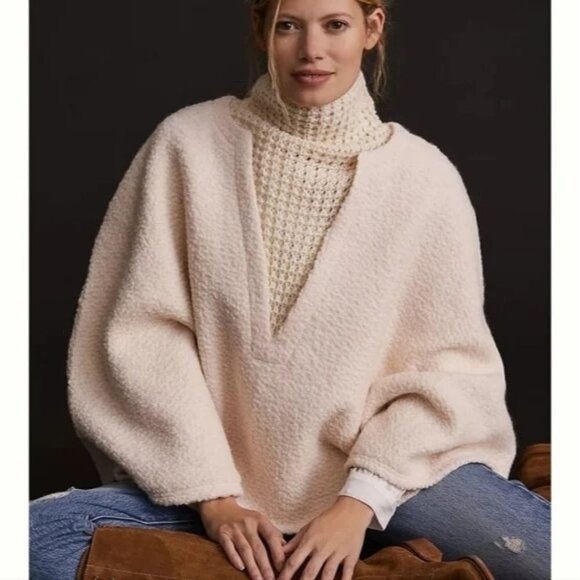 Anthropologie Textured Wool Blend Cream Poncho Sweater One Size OS NEW - Picture 1 of 8